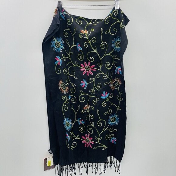 Cejon Womens Floral Embroidered Rectangle Neck Scarf with Fringe Viscose Black - Picture 4 of 6
